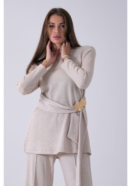 Ekru Altın Toka Detaylı Pantolonlu Takım 4577282.147