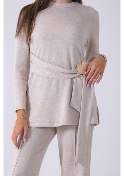 Ekru Altın Toka Detaylı Pantolonlu Takım 4577282.147