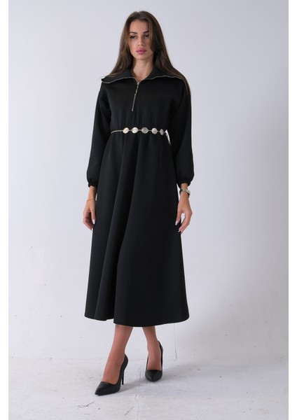 Siyah Yaka Fermuar Detaylı Bel ve Bileği Lastikli Kemerli Scuba Elbise 4593455.01