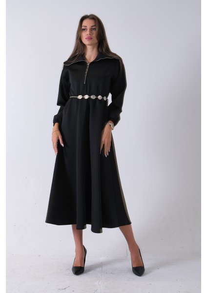 Siyah Yaka Fermuar Detaylı Bel ve Bileği Lastikli Kemerli Scuba Elbise 4593455.01 fiyatları