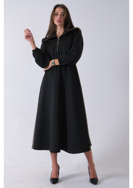 Siyah Yaka Fermuar Detaylı Bel ve Bileği Lastikli Kemerli Scuba Elbise 4593455.01 modelleri