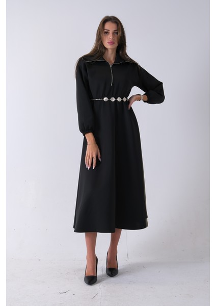 Siyah Yaka Fermuar Detaylı Bel ve Bileği Lastikli Kemerli Scuba Elbise 4593455.01 fırsatları