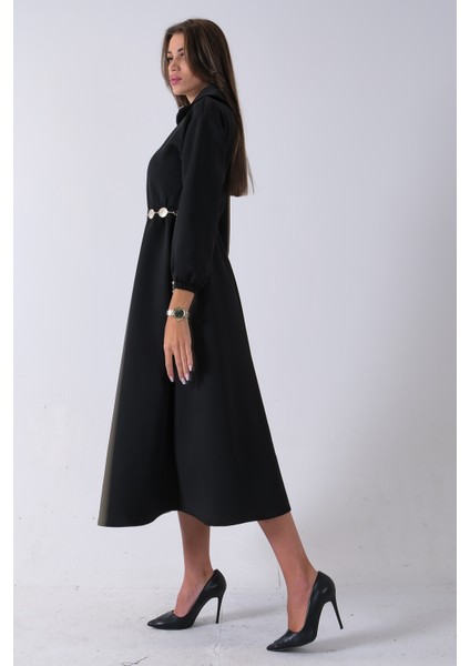 Siyah Yaka Fermuar Detaylı Bel ve Bileği Lastikli Kemerli Scuba Elbise 4593455.01 indirimleri