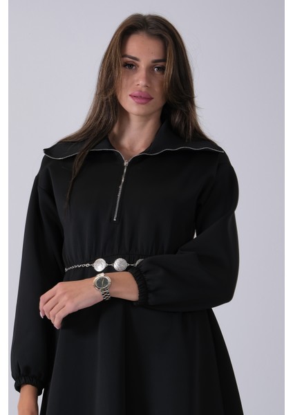 Siyah Yaka Fermuar Detaylı Bel ve Bileği Lastikli Kemerli Scuba Elbise 4593455.01