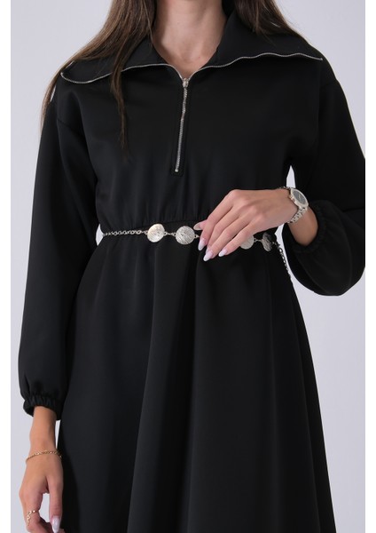 Siyah Yaka Fermuar Detaylı Bel ve Bileği Lastikli Kemerli Scuba Elbise 4593455.01