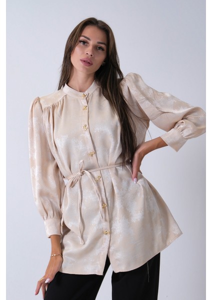 Bej Hakim Yaka Bel Bağlamalı Desenli Tunik 4595333.55 modelleri