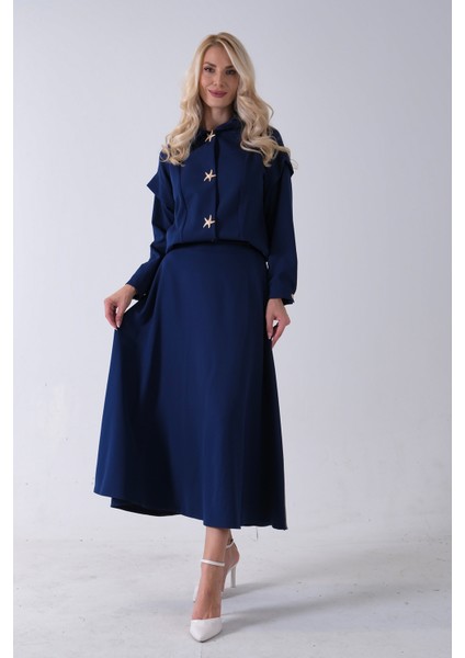 Lacivert Beli Lastikli Deniz Yıldızı Çıt Çıt Kapamalı Ceket Detaylı Etekli Takım 4592269.02