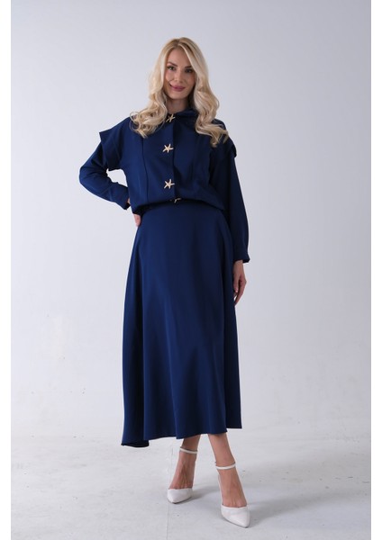 Lacivert Beli Lastikli Deniz Yıldızı Çıt Çıt Kapamalı Ceket Detaylı Etekli Takım 4592269.02 modelleri