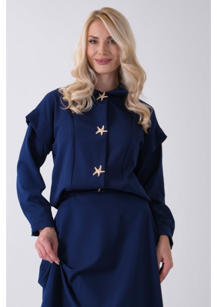 Lacivert Beli Lastikli Deniz Yıldızı Çıt Çıt Kapamalı Ceket Detaylı Etekli Takım 4592269.02