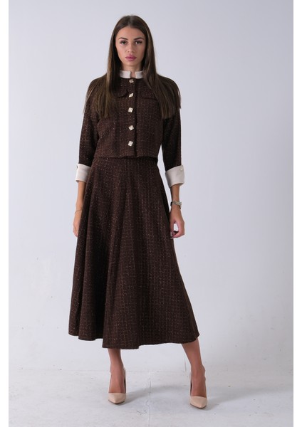 Kahve Önü Düğme Kapamalı Crop Ceket Etekli Tüvid Takım 45950601.05