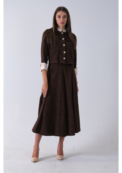 Kahve Önü Düğme Kapamalı Crop Ceket Etekli Tüvid Takım 45950601.05 fiyatları