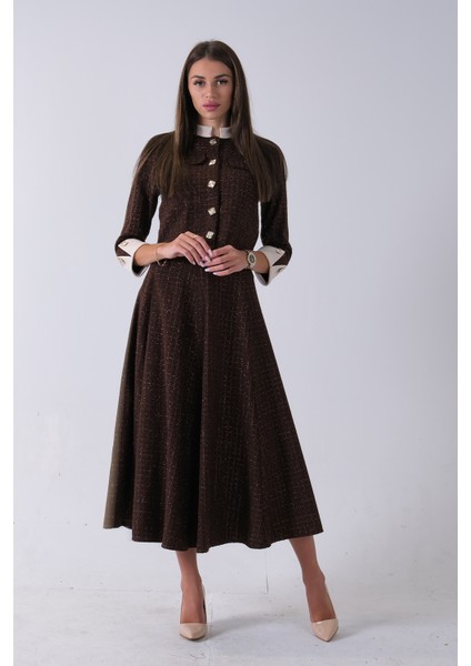 Kahve Önü Düğme Kapamalı Crop Ceket Etekli Tüvid Takım 45950601.05 modelleri