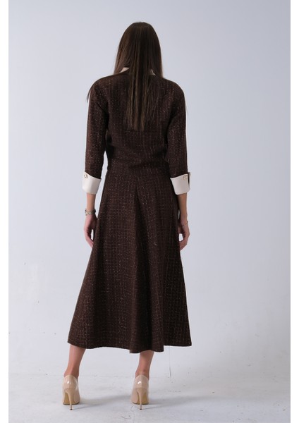 Kahve Önü Düğme Kapamalı Crop Ceket Etekli Tüvid Takım 45950601.05 indirimleri