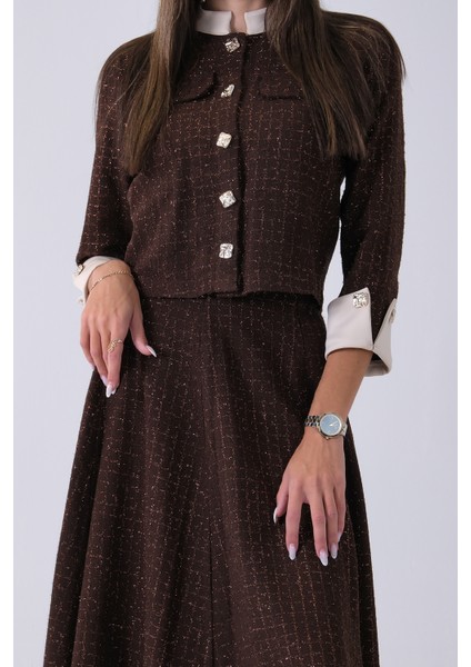 Kahve Önü Düğme Kapamalı Crop Ceket Etekli Tüvid Takım 45950601.05