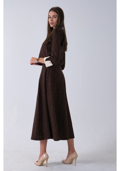 Kahve Önü Düğme Kapamalı Crop Ceket Etekli Tüvid Takım 45950601.05