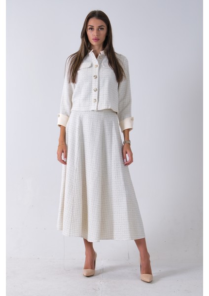 Ekru Önü Düğme Kapamalı Crop Ceket Etekli Tüvid Takım 45950601.147