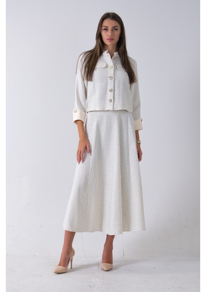 Ekru Önü Düğme Kapamalı Crop Ceket Etekli Tüvid Takım 45950601.147 fiyatları