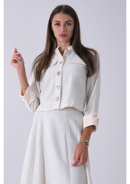 Ekru Önü Düğme Kapamalı Crop Ceket Etekli Tüvid Takım 45950601.147