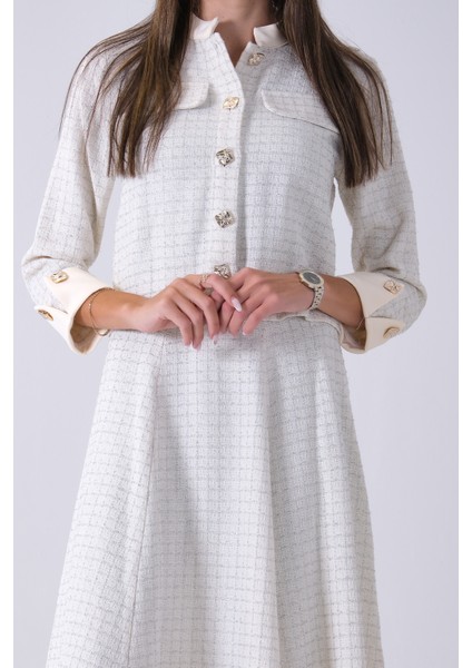 Ekru Önü Düğme Kapamalı Crop Ceket Etekli Tüvid Takım 45950601.147