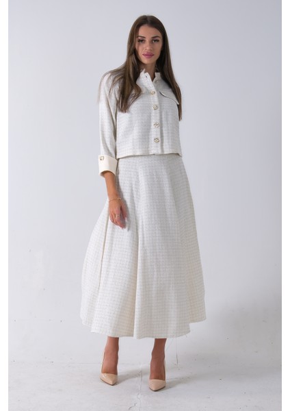 Ekru Önü Düğme Kapamalı Crop Ceket Etekli Tüvid Takım 45950601.147