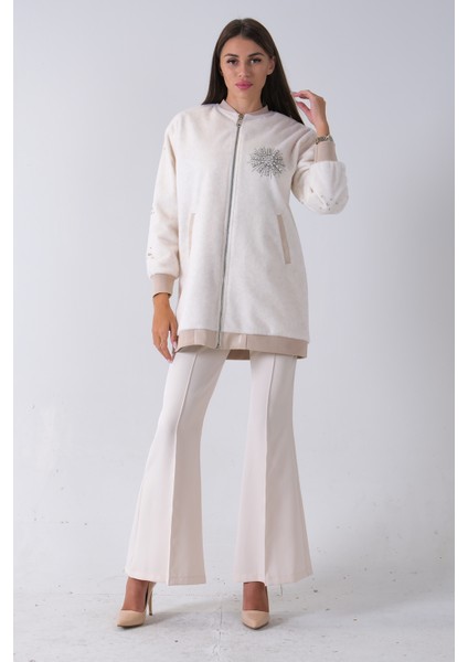 Ekru Üzeri Taş Detaylı Yandan Cepli Peluş Hırka 4701420.147 fiyatları