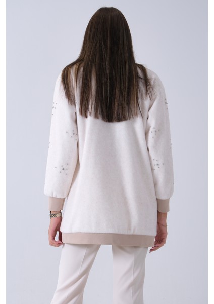 Ekru Üzeri Taş Detaylı Yandan Cepli Peluş Hırka 4701420.147