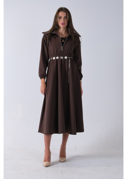 Kahve Yaka Fermuar Detaylı Bel ve Bileği Lastikli Kemerli Scuba Elbise 4593455.05