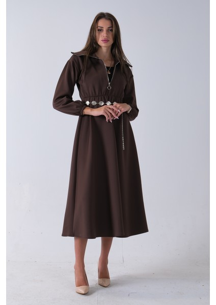 Kahve Yaka Fermuar Detaylı Bel ve Bileği Lastikli Kemerli Scuba Elbise 4593455.05 fiyatları