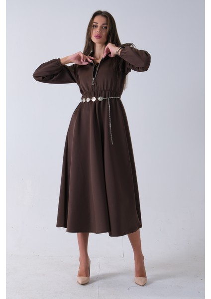 Kahve Yaka Fermuar Detaylı Bel ve Bileği Lastikli Kemerli Scuba Elbise 4593455.05 modelleri