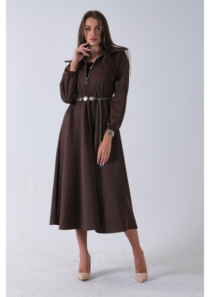 Kahve Yaka Fermuar Detaylı Bel ve Bileği Lastikli Kemerli Scuba Elbise 4593455.05 fırsatları