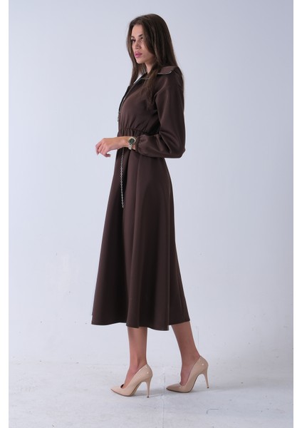 Kahve Yaka Fermuar Detaylı Bel ve Bileği Lastikli Kemerli Scuba Elbise 4593455.05 indirimleri