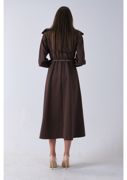 Kahve Yaka Fermuar Detaylı Bel ve Bileği Lastikli Kemerli Scuba Elbise 4593455.05