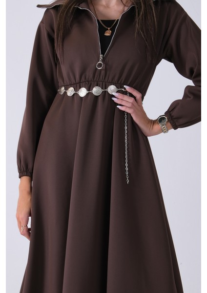 Kahve Yaka Fermuar Detaylı Bel ve Bileği Lastikli Kemerli Scuba Elbise 4593455.05