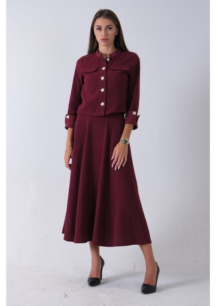 Bordo Önü Düğme Kapamalı Crop Ceket Etekli Tüvid Takım 45950601.04