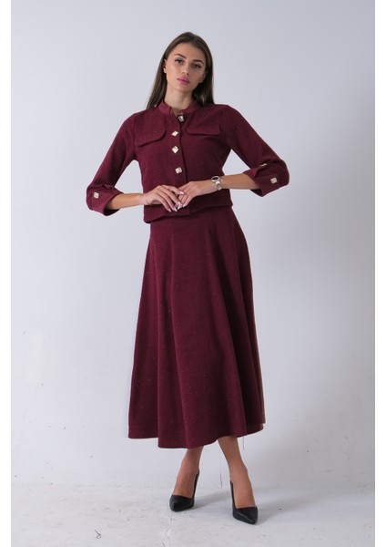 Bordo Önü Düğme Kapamalı Crop Ceket Etekli Tüvid Takım 45950601.04 fiyatları