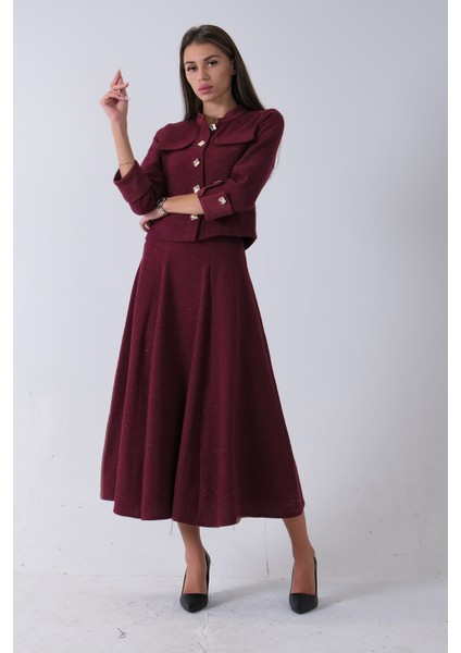 Bordo Önü Düğme Kapamalı Crop Ceket Etekli Tüvid Takım 45950601.04 modelleri
