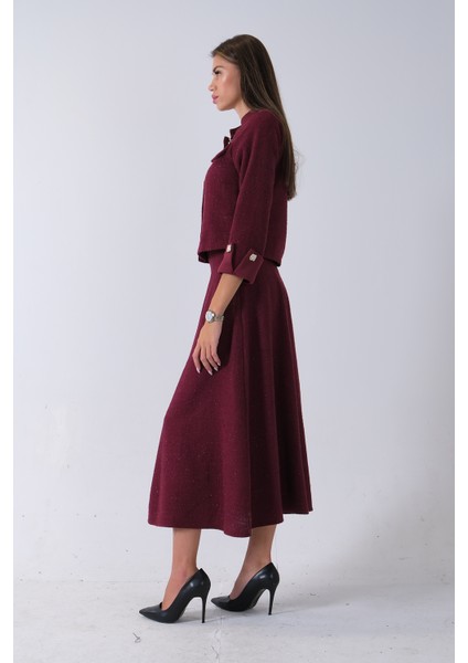 Bordo Önü Düğme Kapamalı Crop Ceket Etekli Tüvid Takım 45950601.04 fırsatları