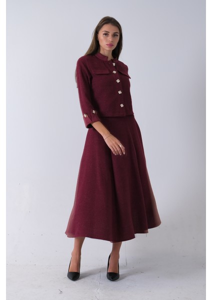 Bordo Önü Düğme Kapamalı Crop Ceket Etekli Tüvid Takım 45950601.04
