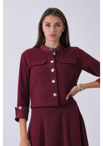Bordo Önü Düğme Kapamalı Crop Ceket Etekli Tüvid Takım 45950601.04