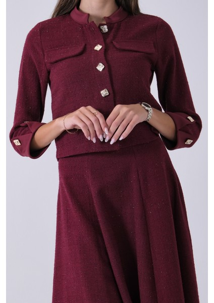 Bordo Önü Düğme Kapamalı Crop Ceket Etekli Tüvid Takım 45950601.04