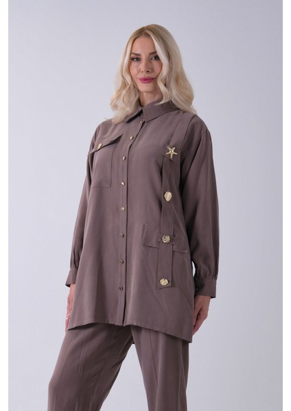 Vizon Göğüs Tek Cep Detaylı Aksesuar Düğmeli Pantolonlu Takım 4701352.34