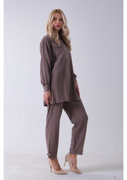 Vizon Göğüs Tek Cep Detaylı Aksesuar Düğmeli Pantolonlu Takım 4701352.34