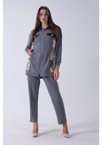Gri Üzeri Desenli Yaka Deri Detaylı Fermuar Kapamalı Tunik Pantolonlu Takım 4703058.06
