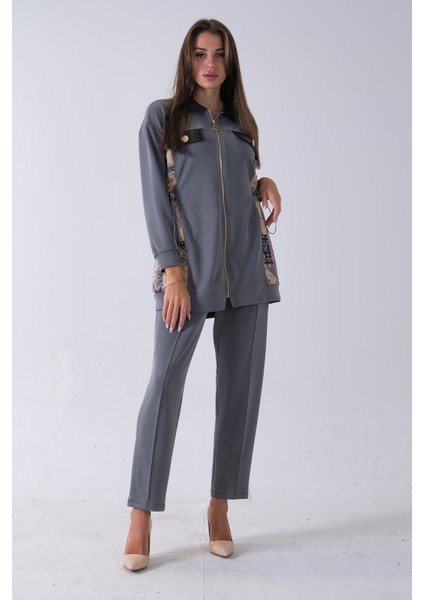 Gri Üzeri Desenli Yaka Deri Detaylı Fermuar Kapamalı Tunik Pantolonlu Takım 4703058.06 modelleri