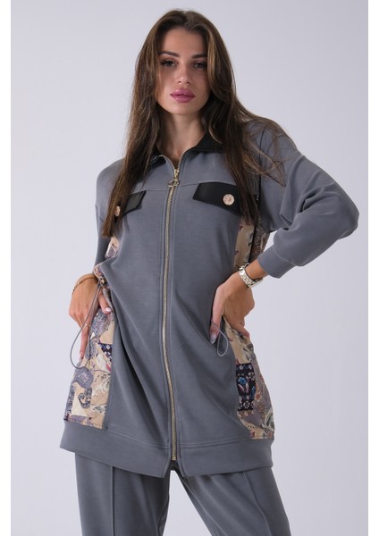 Gri Üzeri Desenli Yaka Deri Detaylı Fermuar Kapamalı Tunik Pantolonlu Takım 4703058.06