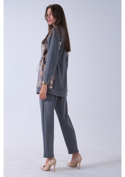 Gri Üzeri Desenli Yaka Deri Detaylı Fermuar Kapamalı Tunik Pantolonlu Takım 4703058.06