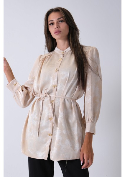 Bej Hakim Yaka Bel Bağlamalı Desenli Tunik 4595333.55 fırsatları