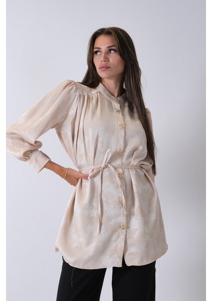 Bej Hakim Yaka Bel Bağlamalı Desenli Tunik 4595333.55