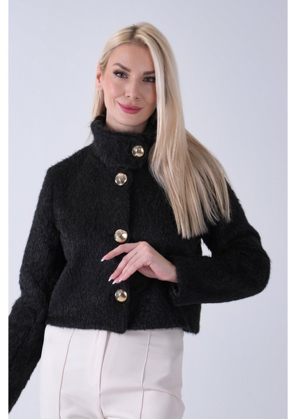 Siyah Yarım Balıkçı Yaka 4 Düğmeli Kaşe Yün Ceket 5307121.01