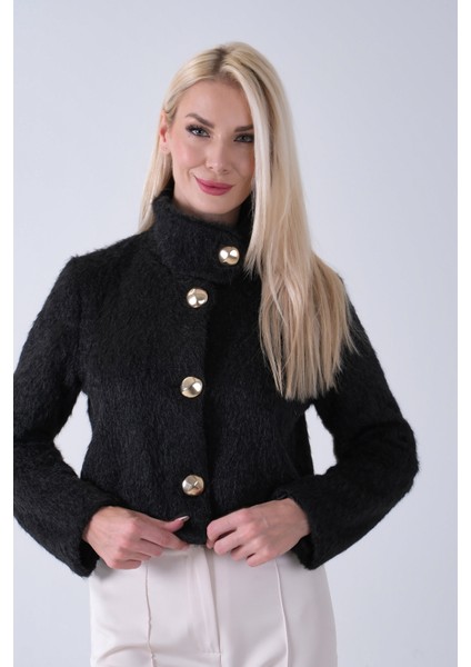 Siyah Yarım Balıkçı Yaka 4 Düğmeli Kaşe Yün Ceket 5307121.01